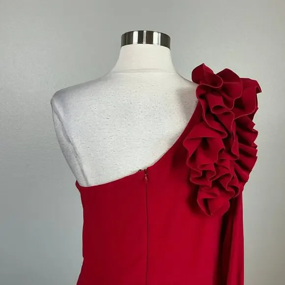 XSCAPE One Shoulder Long Sleeve Evening Gown Colorful Red Size 12P Formal Dress - Picture 9 of 12